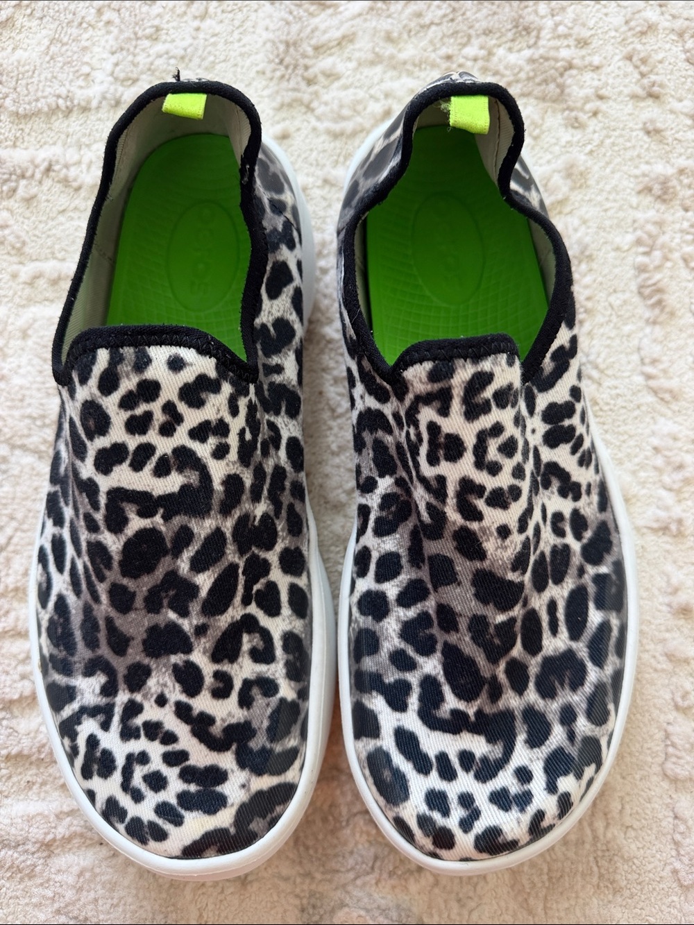 OOFOS Kids Slip-On Leopard Print Sneakers - Black, White & Neon Green
